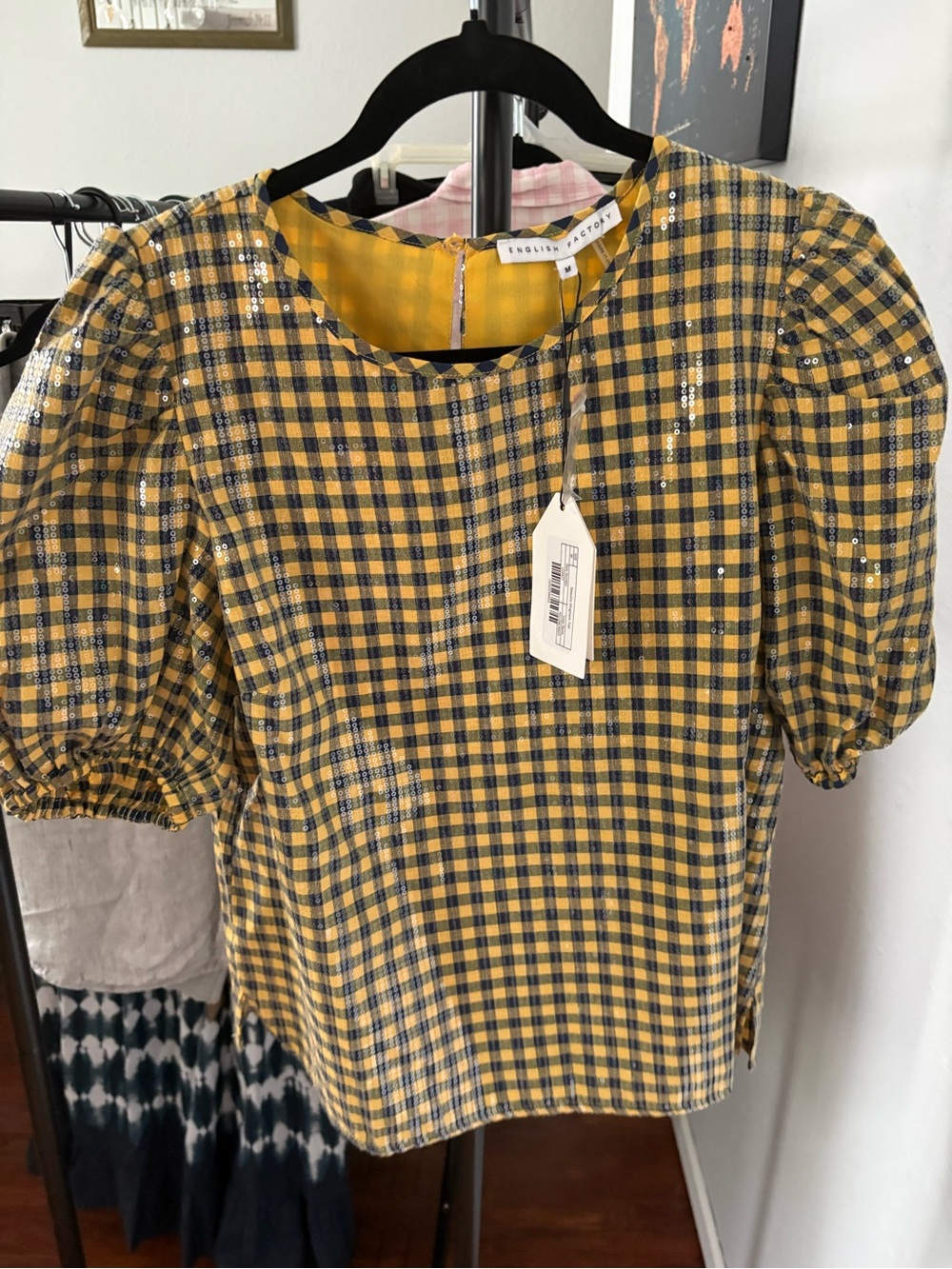 English Factory Yellow Navy Gingham Puff Sleeve Blouse